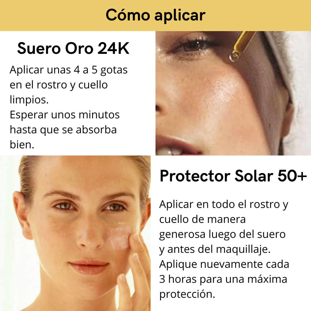 SERUM ORO 24K ANTIENVEJECIMIENTO + PROTECTOR SOLAR ACLARANTE 50+ GRATIS