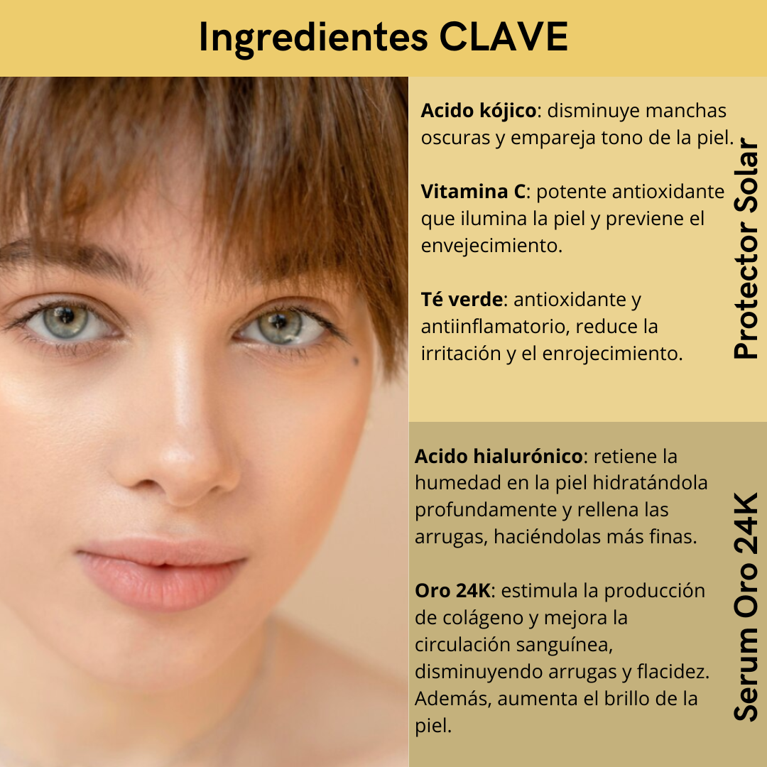 SERUM ORO 24K ANTIENVEJECIMIENTO + PROTECTOR SOLAR ACLARANTE 50+ GRATIS