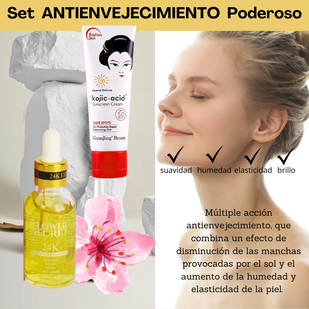 SERUM ORO 24K ANTIENVEJECIMIENTO + PROTECTOR SOLAR ACLARANTE 50+ GRATIS